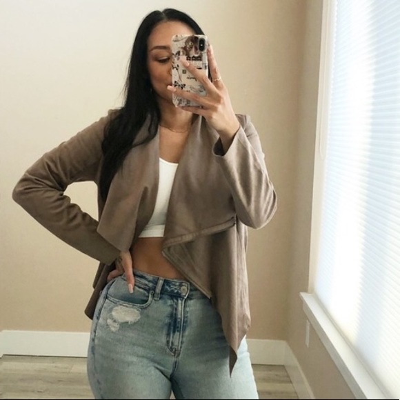 VIGOSS Asymmetrical Faux Suede Jacket Taupe - Picture 3 of 6